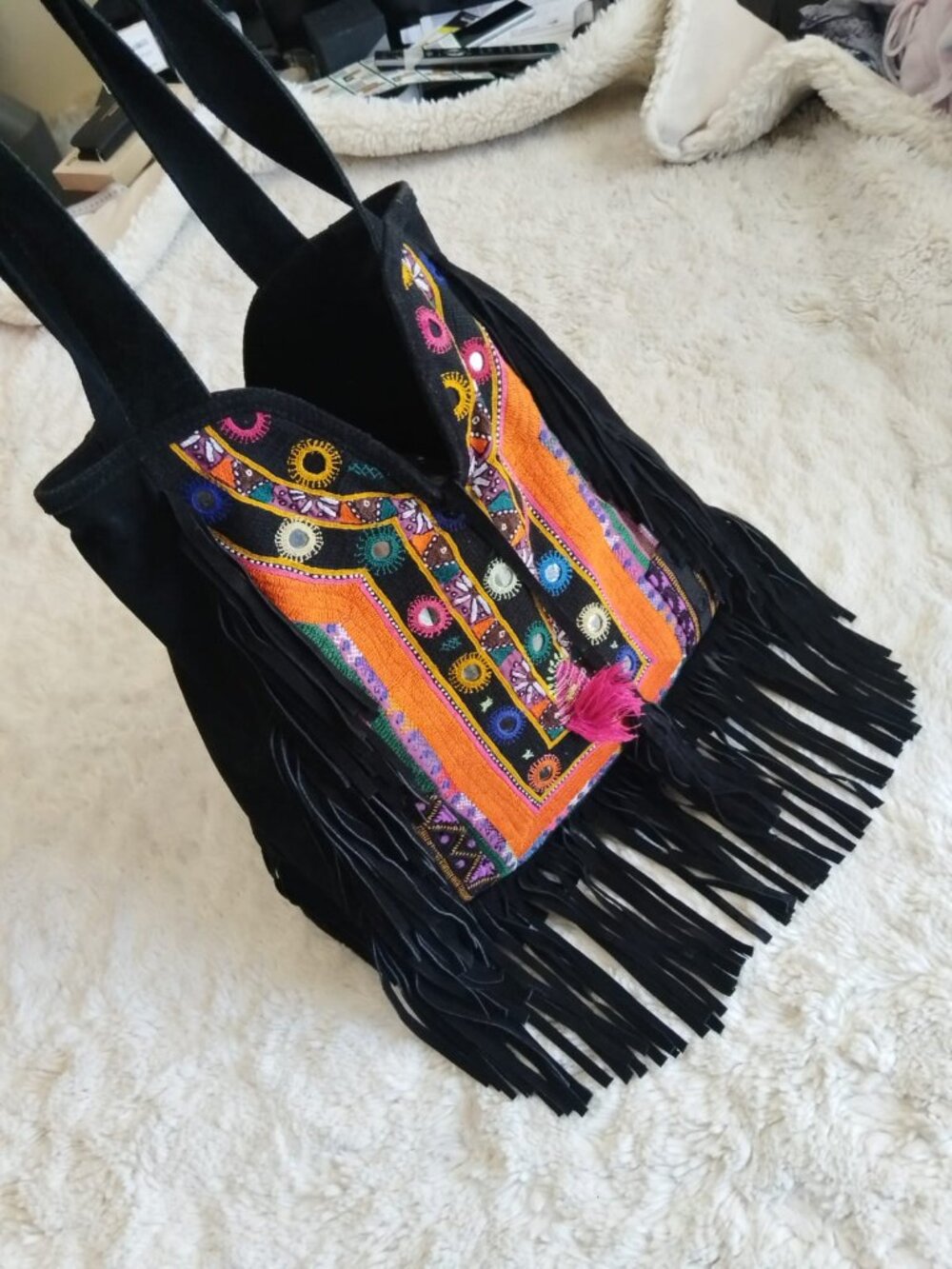 Unbranded Tribal Kuchi Folk Embroidered Suede Fringe Tote Shoulder Bag